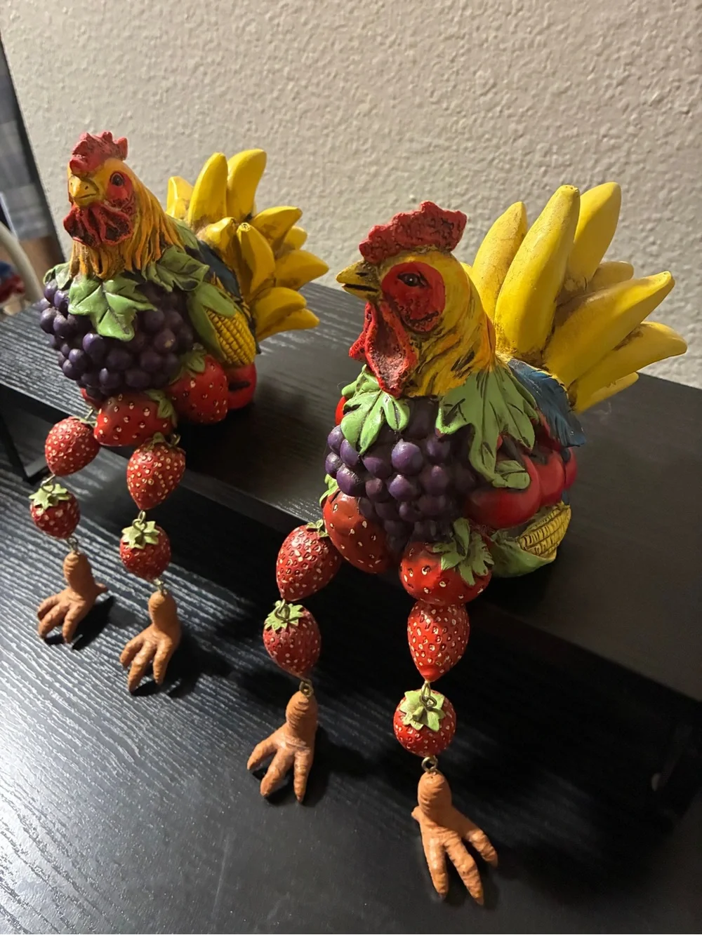 Anthropomorphic ROOSTER Sculpture Shelf Sitter Fruit Strawberries VTG x2